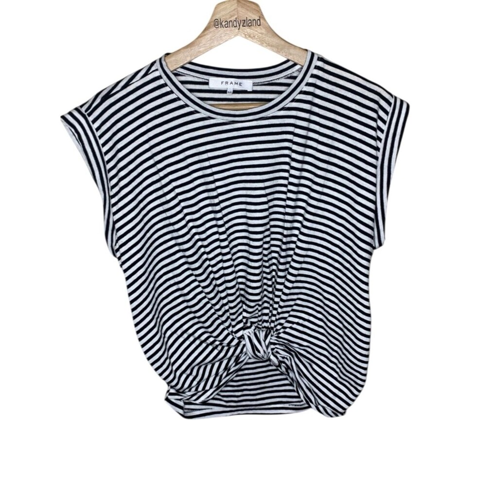 FRAME Women’s Black White Stripe Short Sleeve Tie Front Top